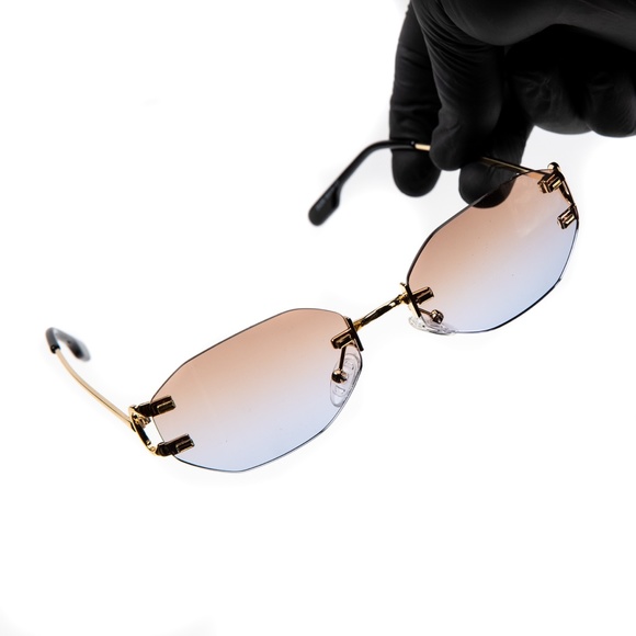 Rimless Tan And Gray Gradient Tint Gold Frame Men's  Luxury Sunglasses - Picture 5 of 5